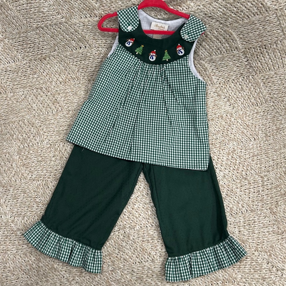 NWOT Rosalina green gingham smocked snowman and trees pant set size 3t